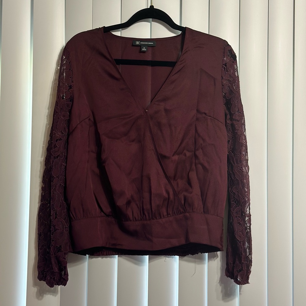 INC International Concepts Deep Burgundy Blouse with Lace Sleeves